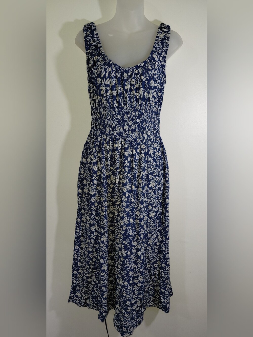 Faherty Sunseeker Smocked Waist Midi Dress Coastal Bloom Floral Blue Size M